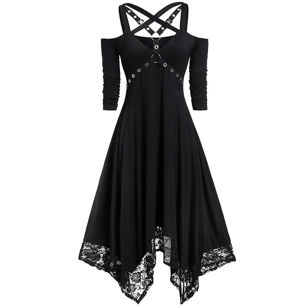 Strappy Gothic Lace Hem Maxi Dress With Alternative Dark Romantic Aesthetic