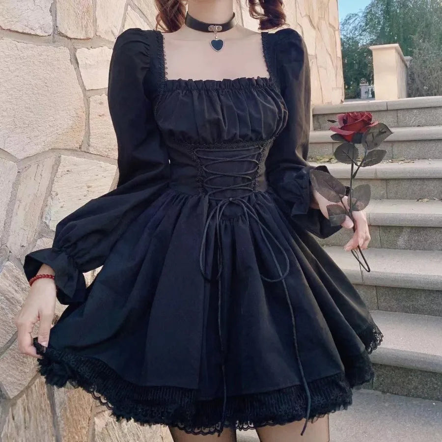 Anime Gothic Puff Sleeve Mini Dress with Dark Romantic Aesthetic