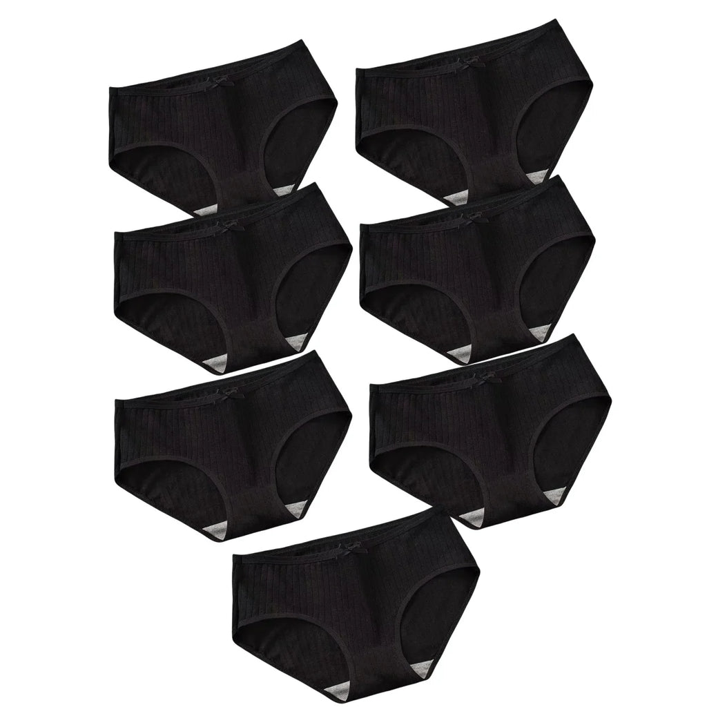 Seven-Piece Ribbed Cotton Blend Mid-Rise Brief Set with Bow Detail