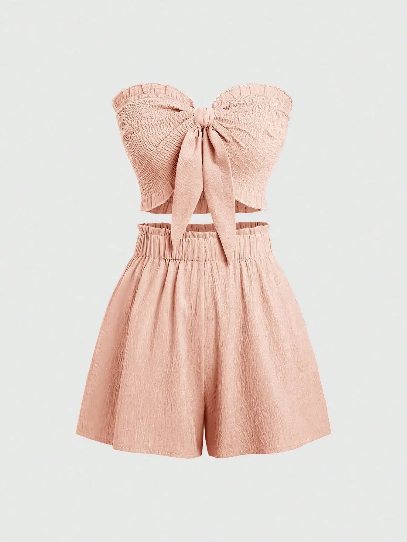 Front Knot Strapless Top and Shorts Summer Casual Co-Ord Set