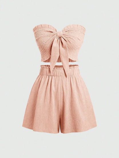 Front Knot Strapless Top and Shorts Summer Casual Co-Ord Set