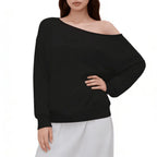 Off-Shoulder Relaxed Fit Knit Pullover Sweater with Long Sleeves and Side Pocket