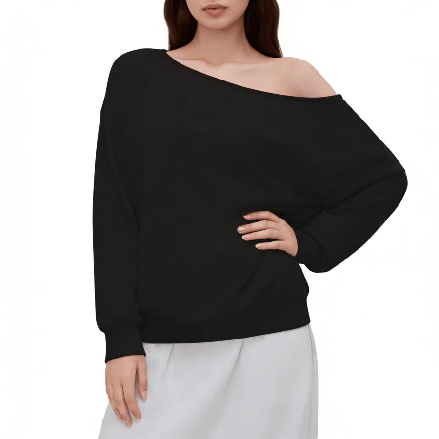 Off-Shoulder Relaxed Fit Knit Pullover Sweater with Long Sleeves and Side Pocket