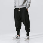 Men's Cotton Linen Drop Crotch Harem Pants with Elastic Waist Relaxed Casual Streetwear Style