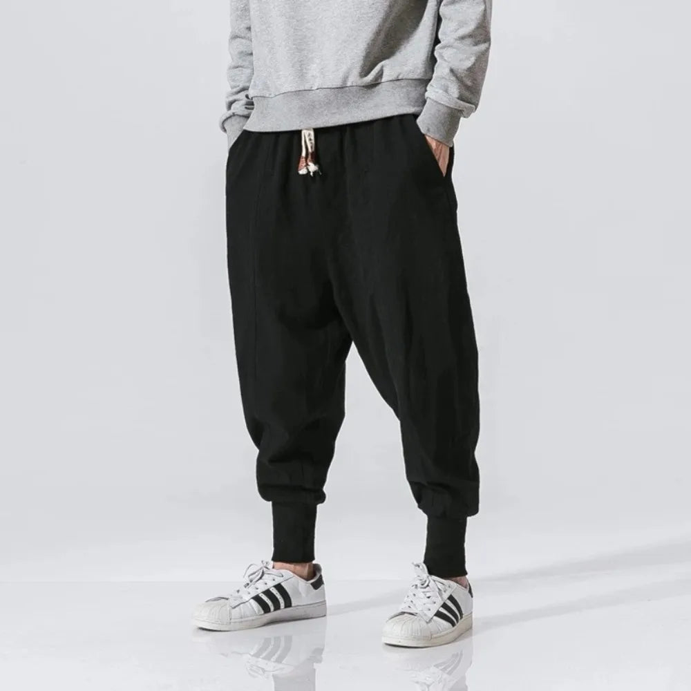 Men's Cotton Linen Drop Crotch Harem Pants with Elastic Waist Relaxed Casual Streetwear Style