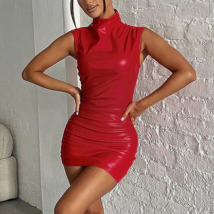 Sleeveless Faux Leather Look Bodycon Mini Dress with High Neck Design
