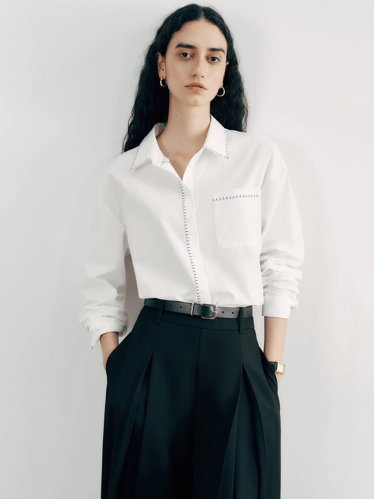 Tailored White Cotton Button-Down Blouse with Contrast Stitch Detailing