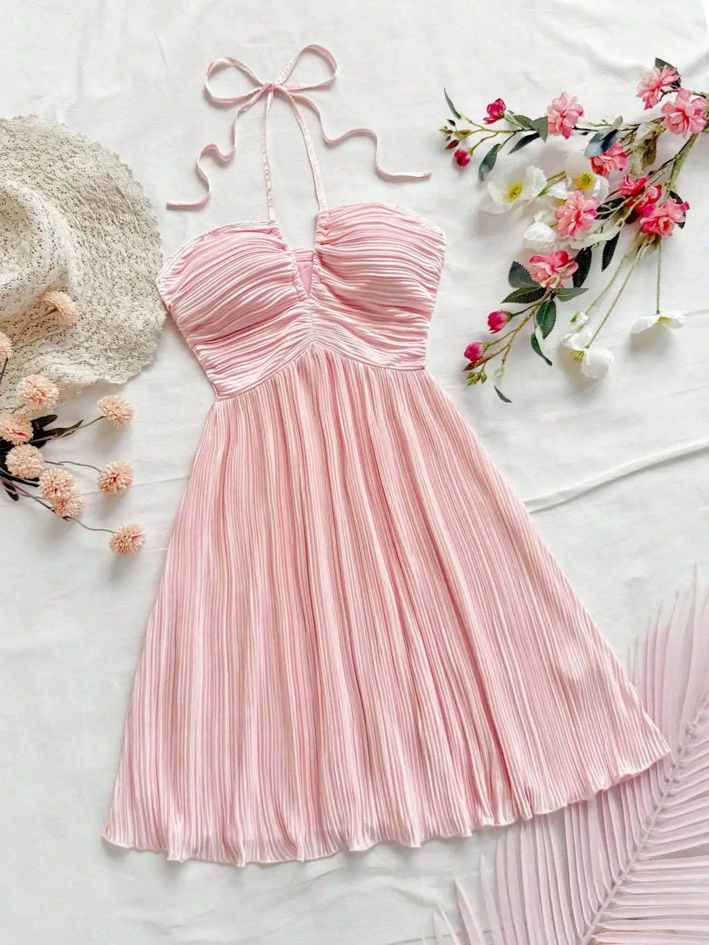Pleated Halter Tie Mini Dress with A-Line Vacation Inspired Summer Silhouette