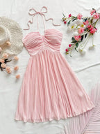 Pleated Halter Tie Mini Dress with A-Line Vacation Inspired Summer Silhouette