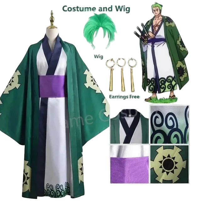 Layered Green Kimono-Style Robe Set with Contrast Sash and Gold-Tone Earrings