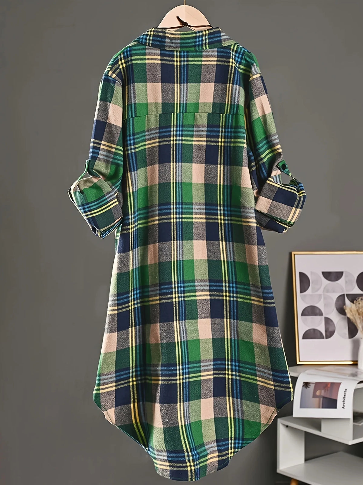 Colorful Tartan Plaid Oversized Tunic Shirt with High-Low Curved Hem