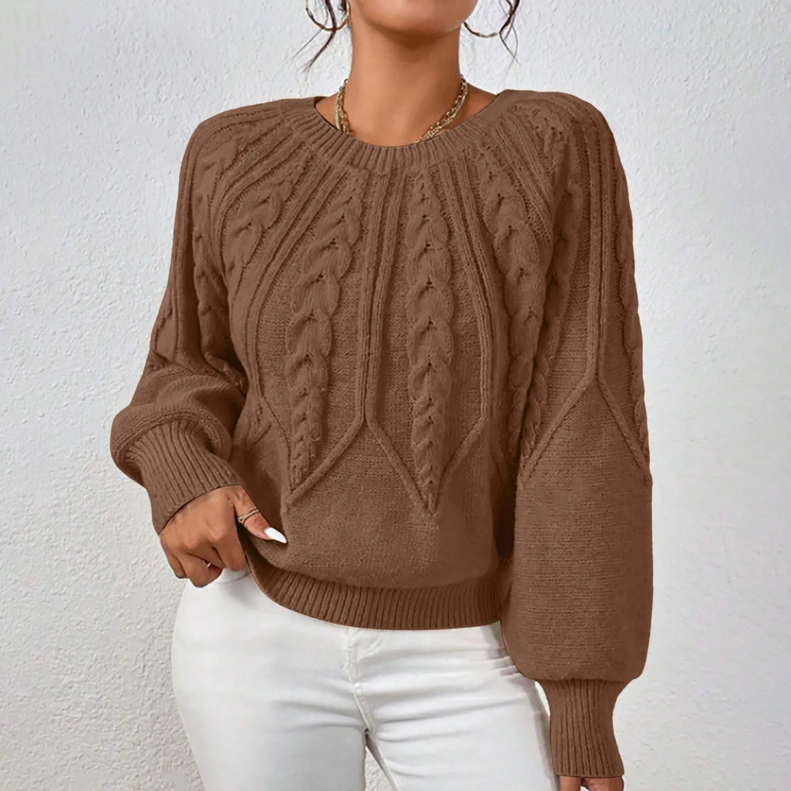 Women's Textured Cable Knit Crew Neck Relaxed Fit Sweater Pullover