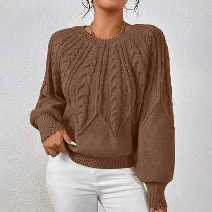 Women's Textured Cable Knit Crew Neck Relaxed Fit Sweater Pullover