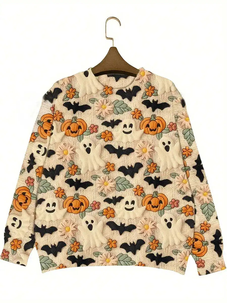 Women's Festive Graphic Knit Crew Neck Relaxed Fit Seasonal Sweater