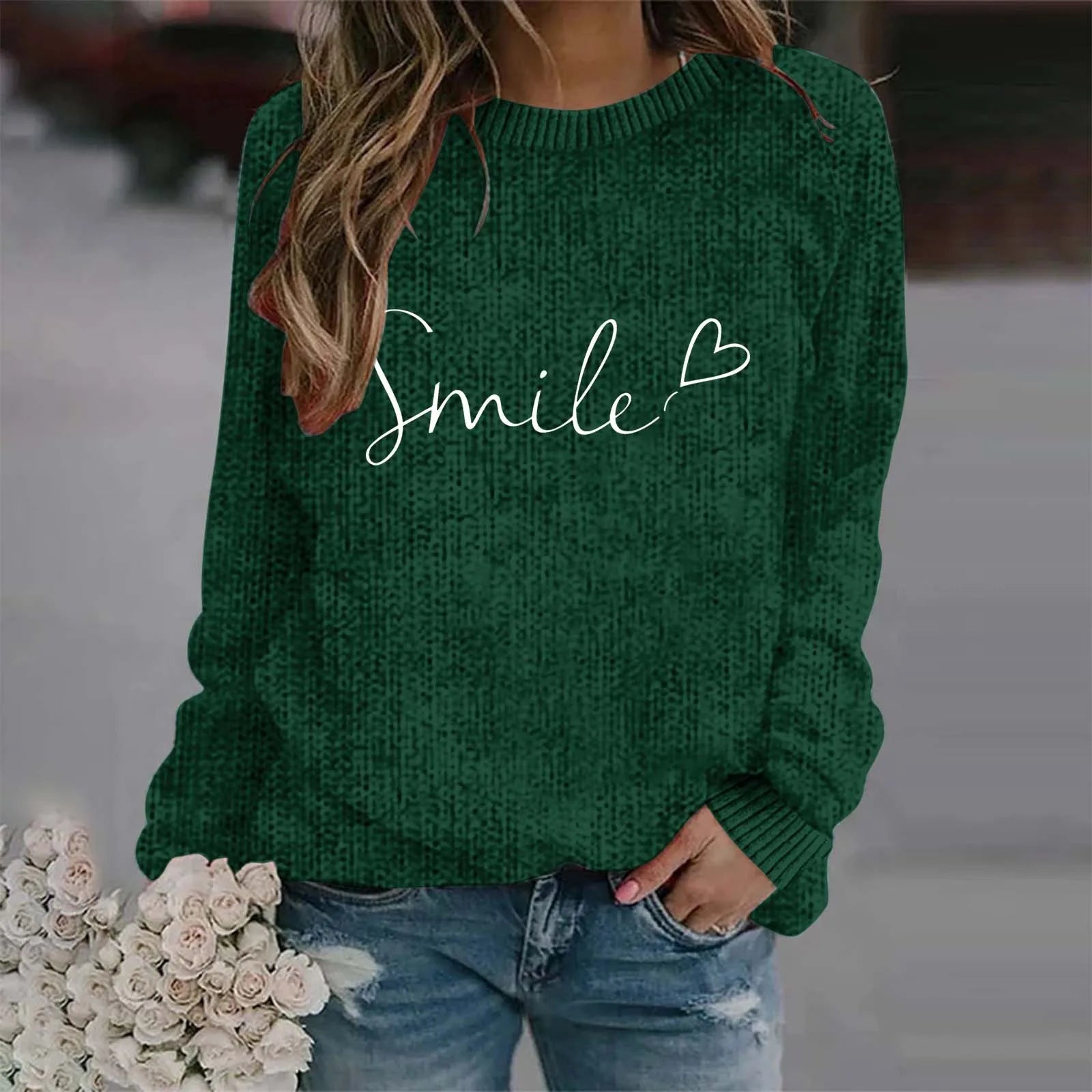 Women's Minimalist Script Graphic Crew Neck Relaxed Knit Pullover Sweater