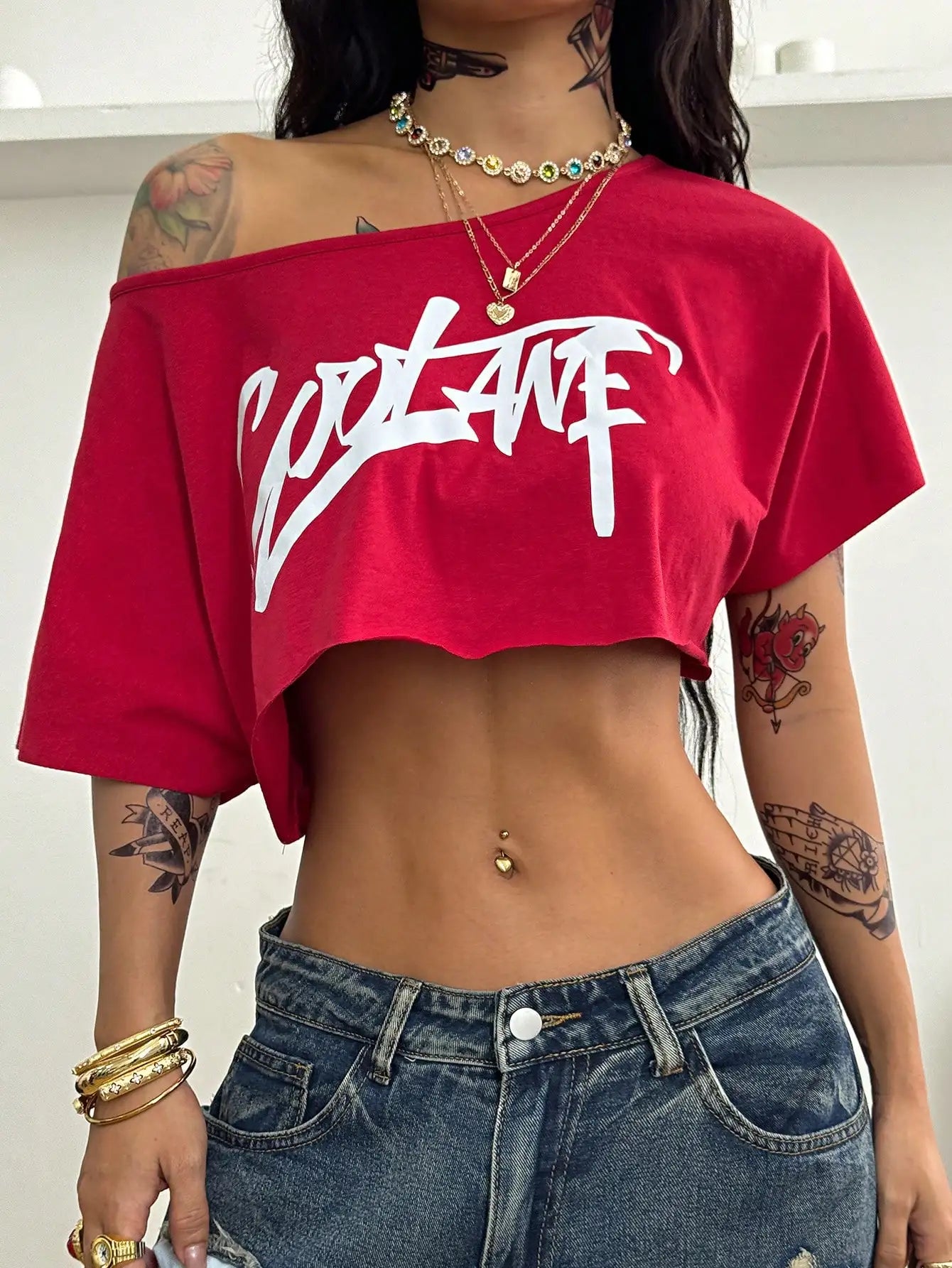 Off Shoulder Graphic Crop Tee with Relaxed Streetwear Inspired Silhouette