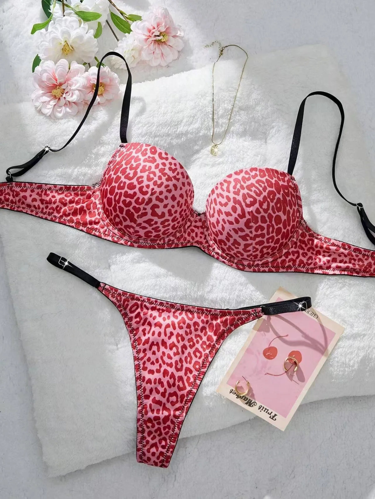 Vibrant Pink Leopard Print Push-Up Bra and Strappy Thong Set