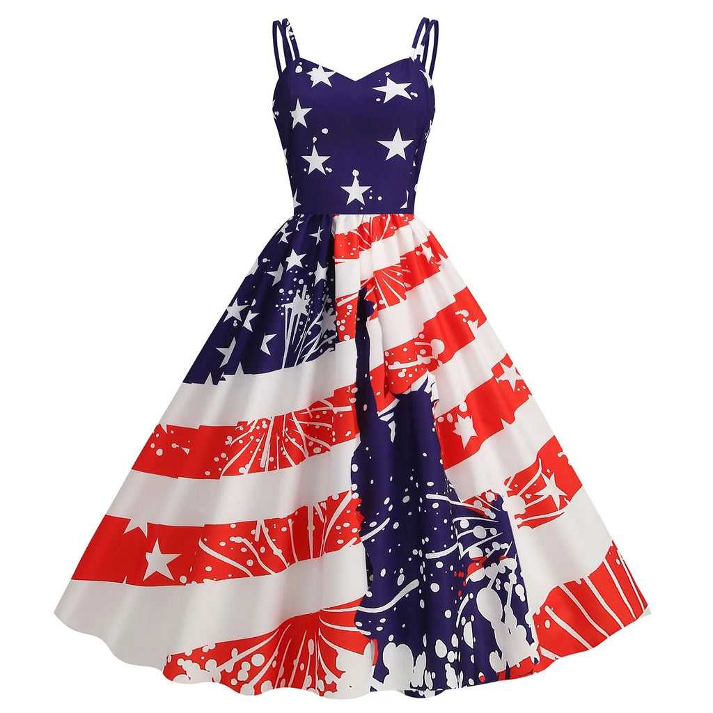 American Flag Print Retro A-Line Swing Dress with Sweetheart Neckline