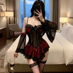 Dark Romance Gothic Mini Dress with Sheer Sleeves and Lace Trim