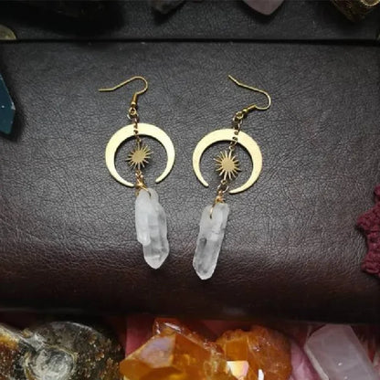 Witchcore Sun and Crescent Moon Crystal Drop Statement Earrings