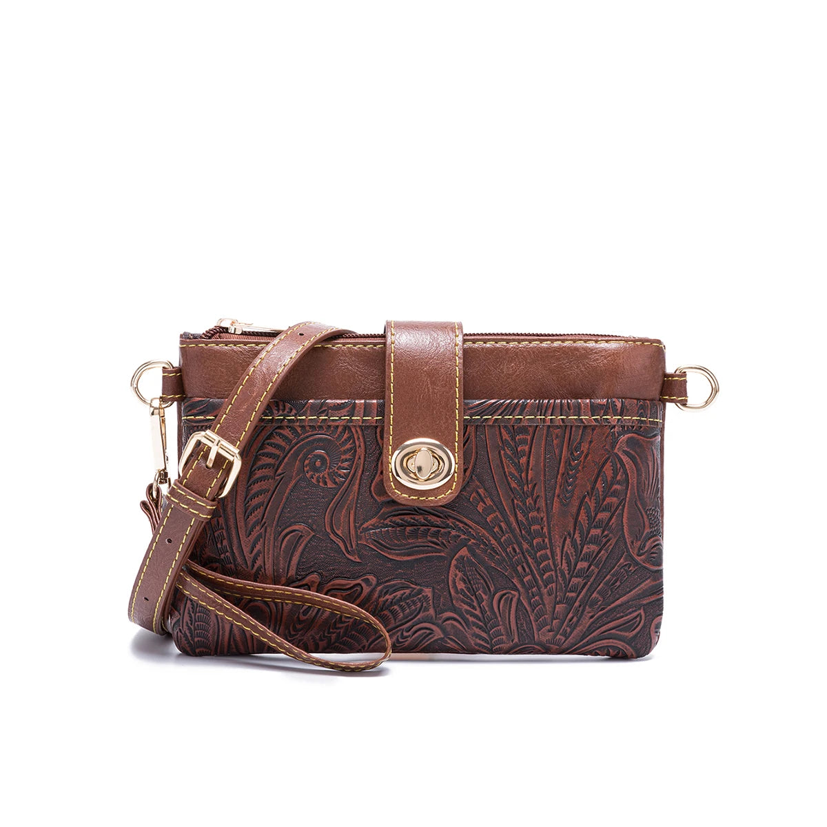 Floral Embossed Crossbody Satchel Bag with Multi Compartment Storage Design