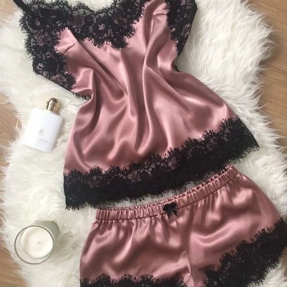 Contrasting Black Lace and Peach Satin-Finish Two-Piece Cami and Shorts Sleep Set