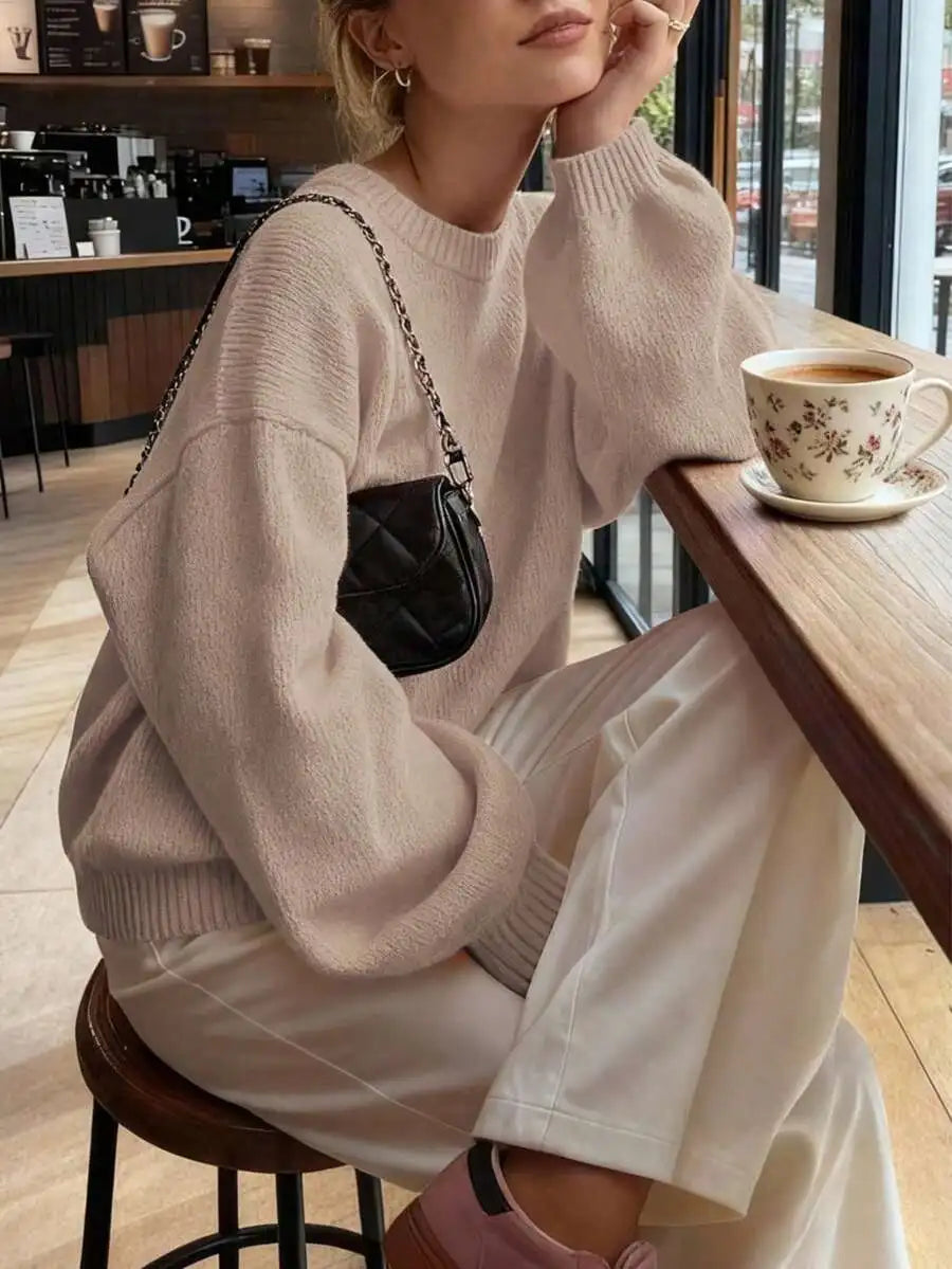 Women's Minimalist Crew Neck Knit Sweater with Relaxed Long Sleeve Silhouette