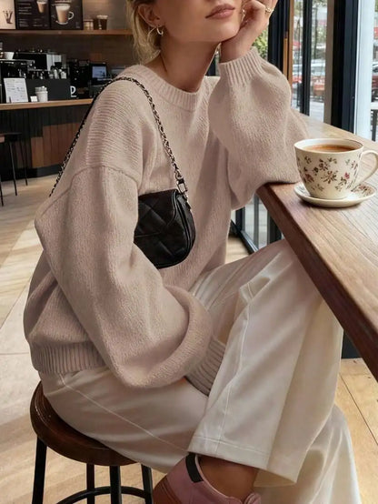 Women's Minimalist Crew Neck Knit Sweater with Relaxed Long Sleeve Silhouette