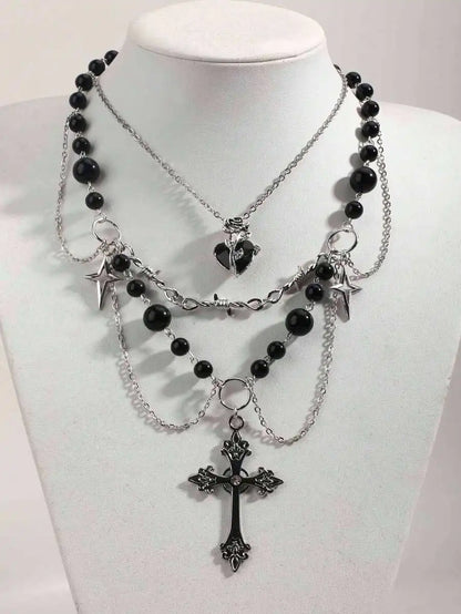 Layered Cross Pendant Necklace Set for Gothic Punk and Alternative Streetwear Fashion Styling