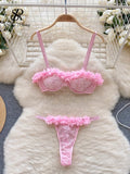 Romantic Light Pink Sheer Mesh and Tulle Ruffle Lingerie Set