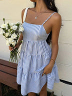 Striped Camisole Tiered Mini Dress With Square Neck And Flowy A-Line Fit