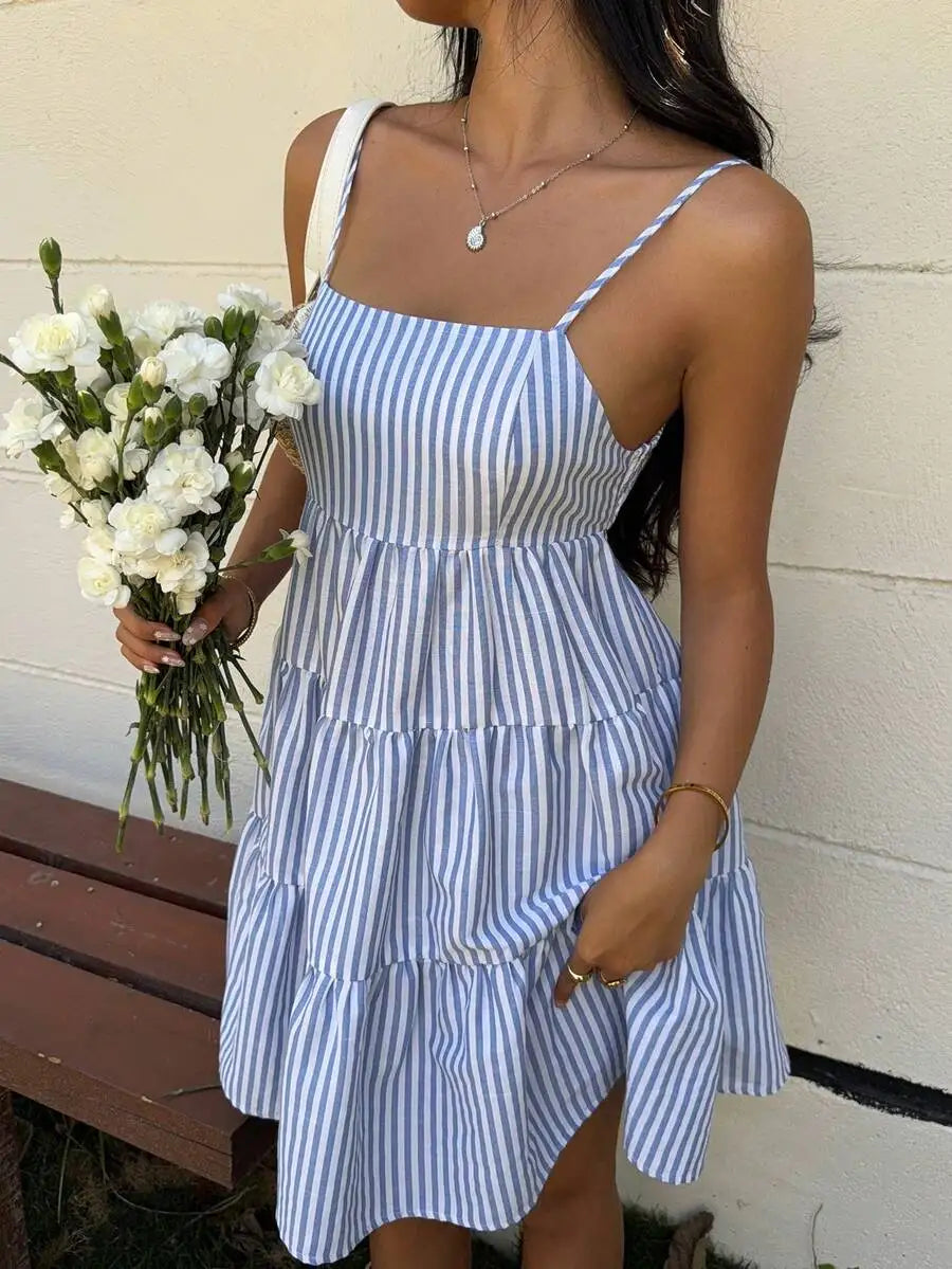 Striped Camisole Tiered Mini Dress With Square Neck And Flowy A-Line Fit