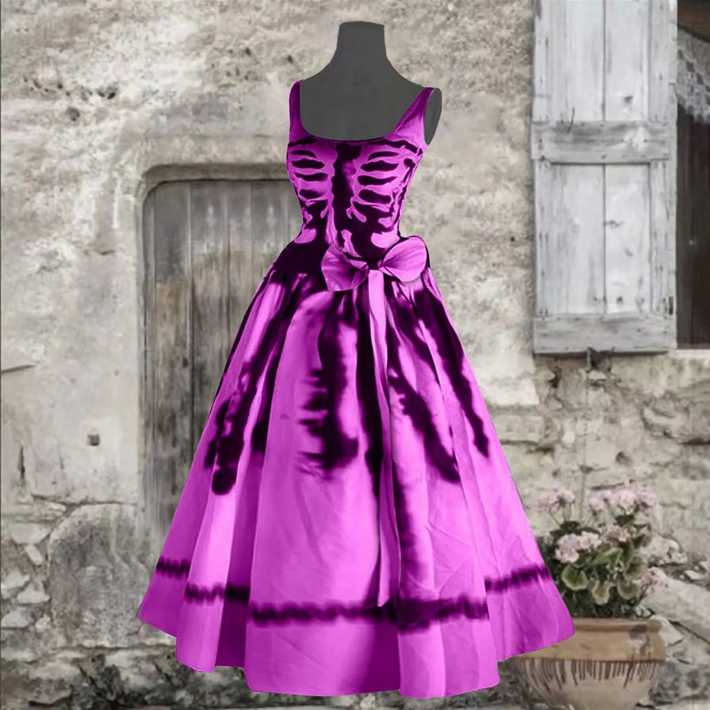 Halloween Skeleton Ribcage Print Flared Swing Dress with Waist Bow