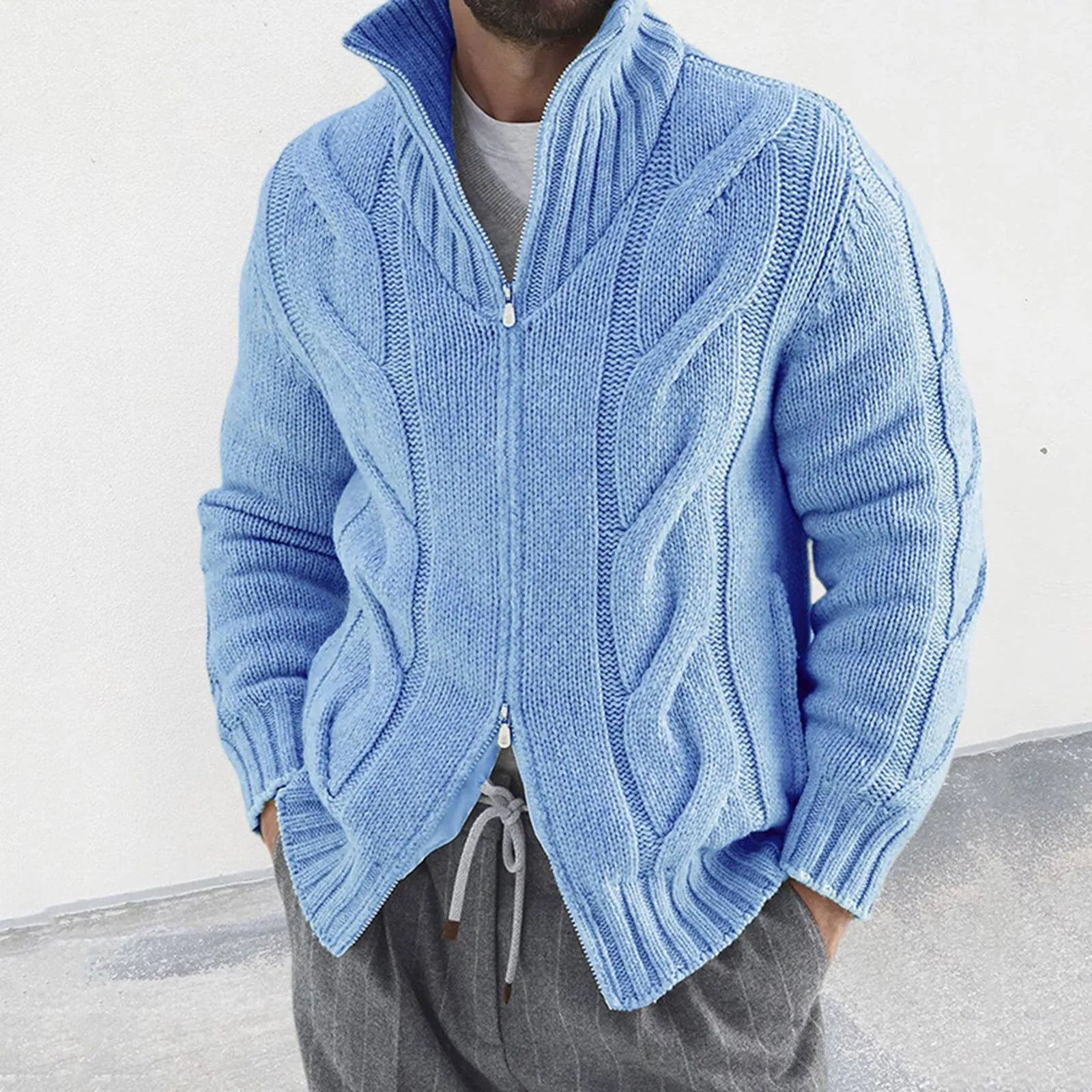Men's Textured Zip Front Knit Cardigan with Relaxed Casual Hooded Design