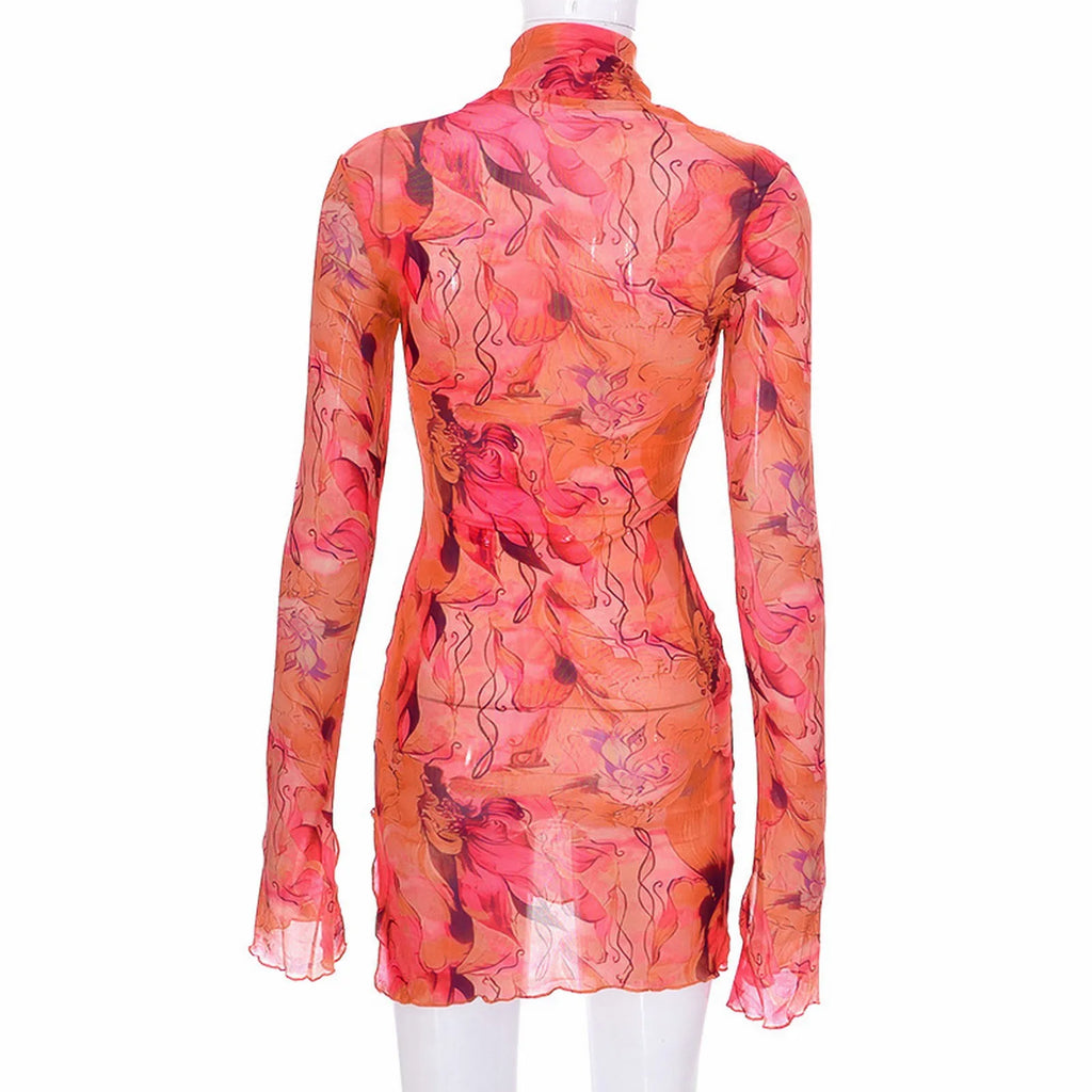 Abstract Mesh Bodycon Mini Dress with Bell Sleeves and Sheer Streetwear Styling