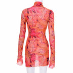 Abstract Mesh Bodycon Mini Dress with Bell Sleeves and Sheer Streetwear Styling