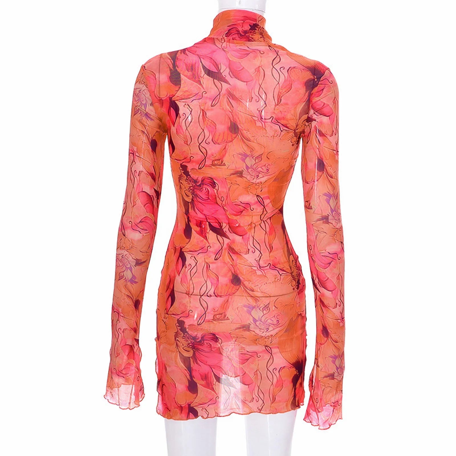 Abstract Mesh Bodycon Mini Dress with Bell Sleeves and Sheer Streetwear Styling