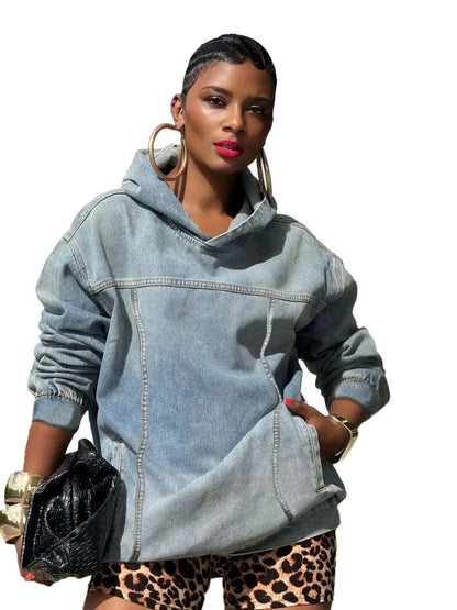 Women's Oversized Washed Denim Look Hoodie Relaxed Streetwear Pullover with Front Pocket