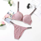 Sleek Minimalist Contour Underwire Bra and Thong Set with Crystal-Embellished Straps