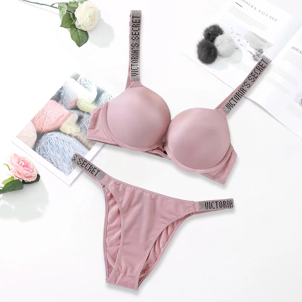 Sleek Minimalist Contour Underwire Bra and Thong Set with Crystal-Embellished Straps