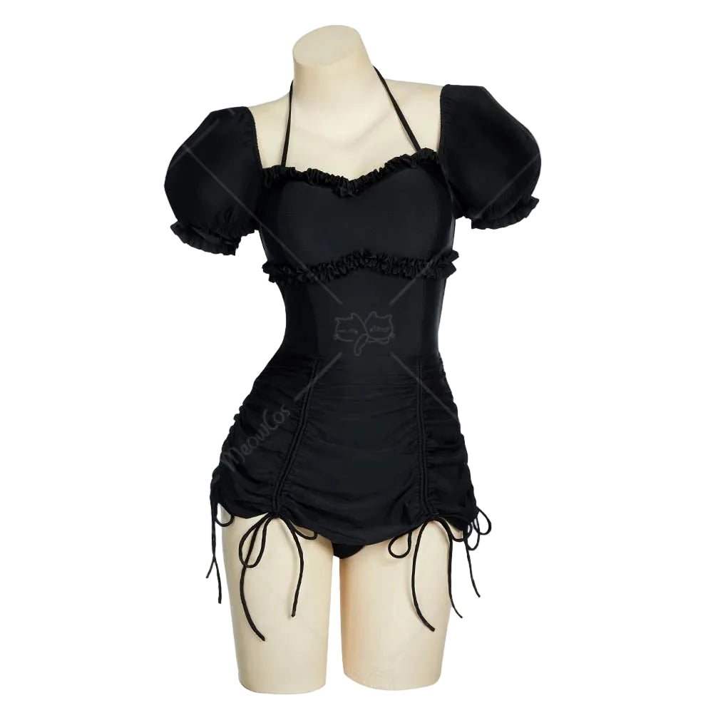 Women's Vintage Inspired Puff Sleeve Drawstring One Piece Swimsuit with Ruched Fit Design