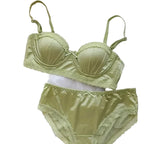 Pleated Satin Balconette Demi Bra and Coordinating Hipster Brief Set with Scalloped Trims