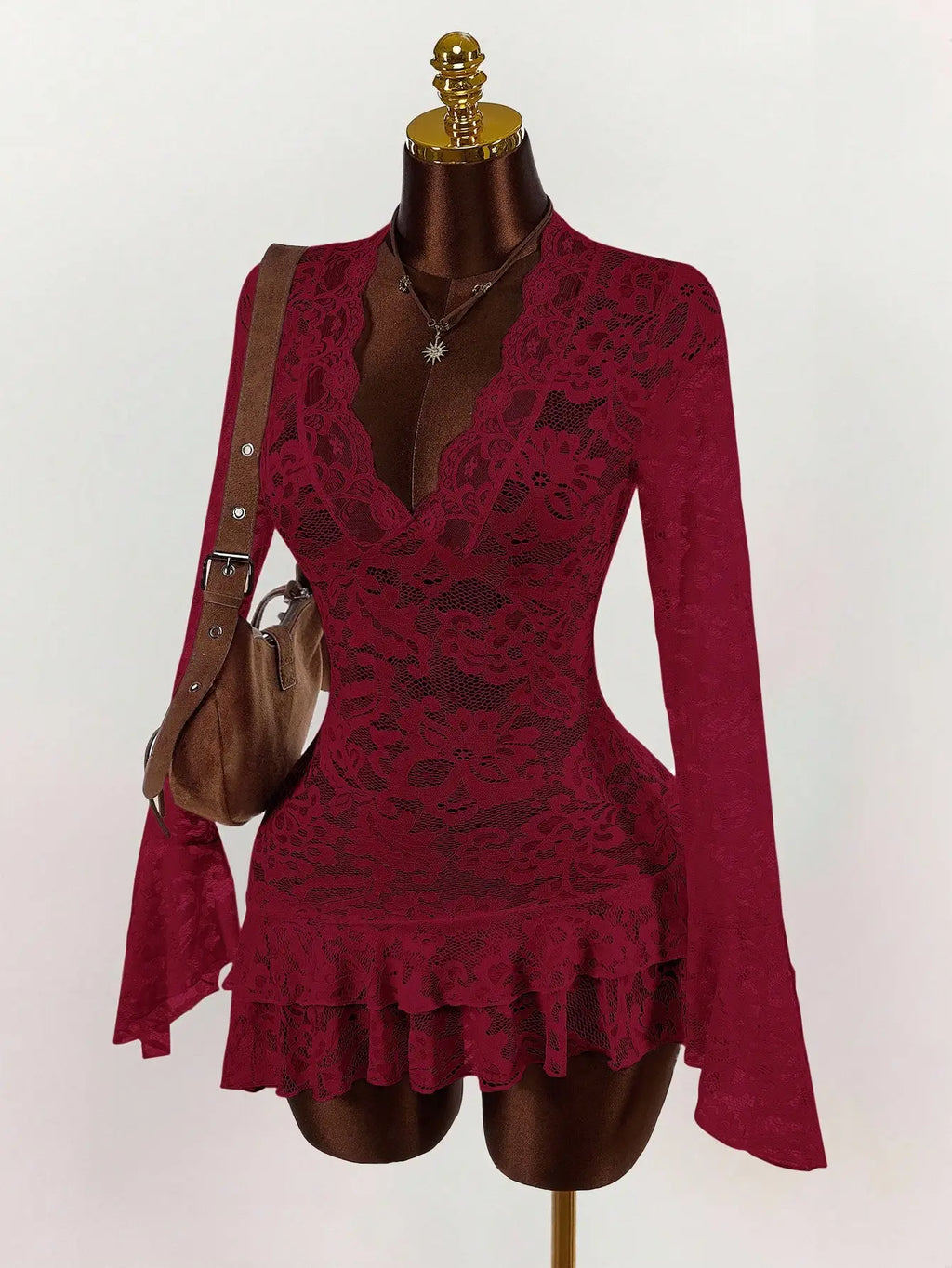 Sheer Lace Mini Dress with V-Neckline and Flared Sleeve Party Style