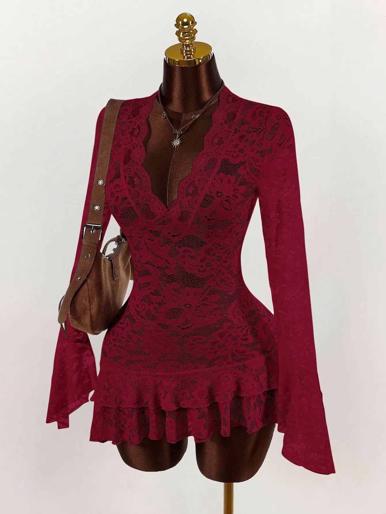 Sheer Lace Mini Dress with V-Neckline and Flared Sleeve Party Style