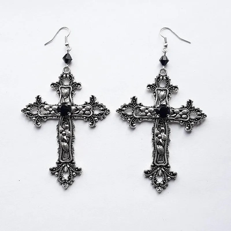Ornate Cross Drop Earrings for Gothic Punk and Dark Romantic Styling
