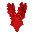 Crimson Red Plunge Swimwear Set with Dramatic 3D Floral Embellishments