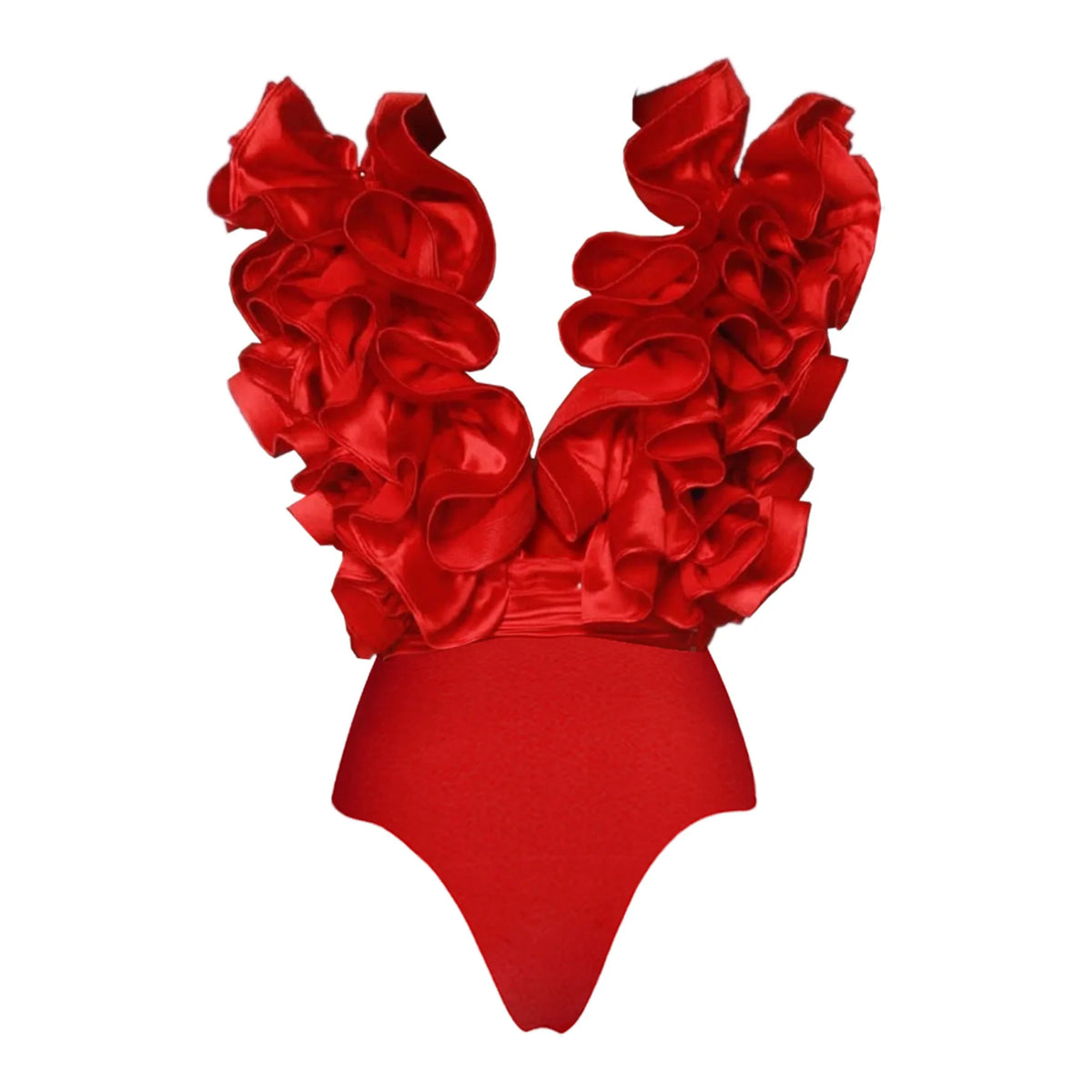 Crimson Red Plunge Swimwear Set with Dramatic 3D Floral Embellishments