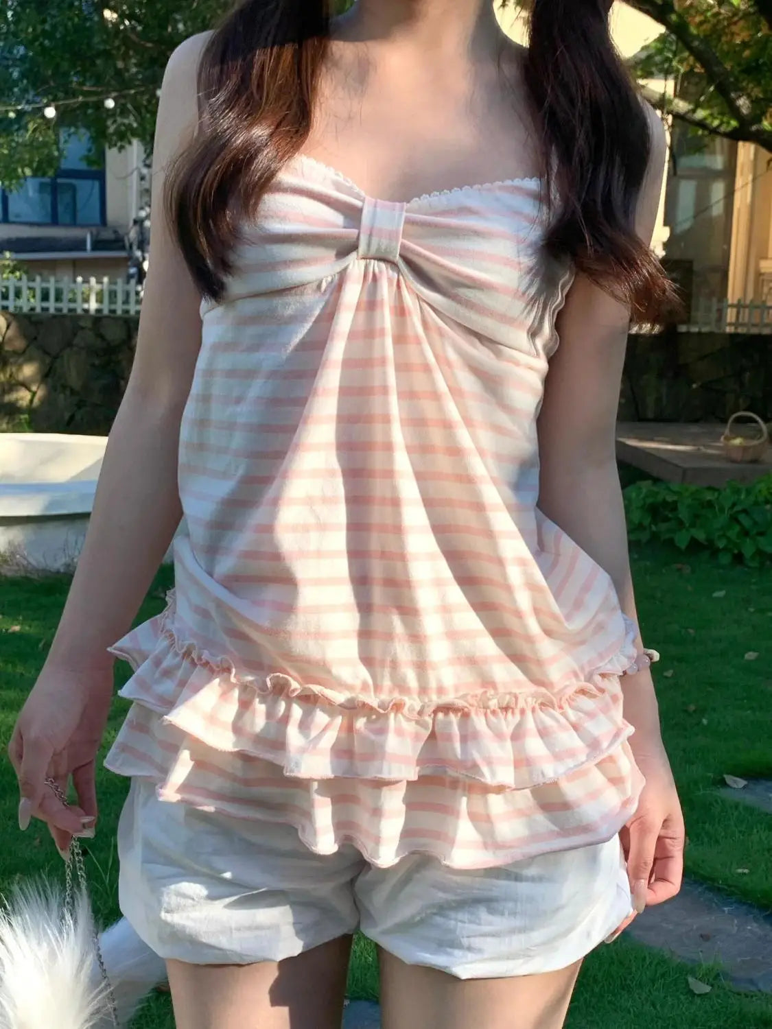 Striped Ruffle Camisole Tank Top with Slim Fit Vintage Summer Style