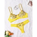 Vibrant Yellow Botanical Embroidered Sheer Mesh Underwire Bra and Thong Set