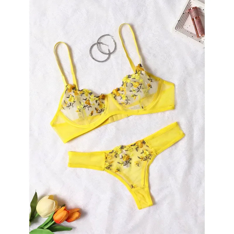 Vibrant Yellow Botanical Embroidered Sheer Mesh Underwire Bra and Thong Set